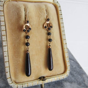 18K Gold Jet Torpedo Drop Earrings, Antique French Belle Epoque Dangle Earrings c. 1910