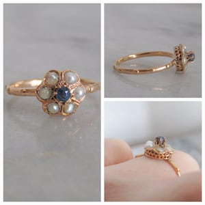 Antique 18K Solid Gold Pearl and Synthetic Sapphire Daisy Ring