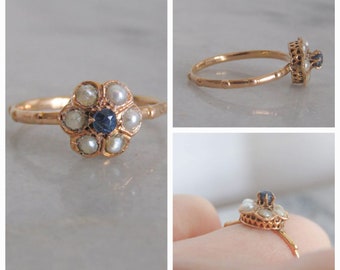 Antique 18K Solid Gold Pearl and Synthetic Sapphire Daisy Ring