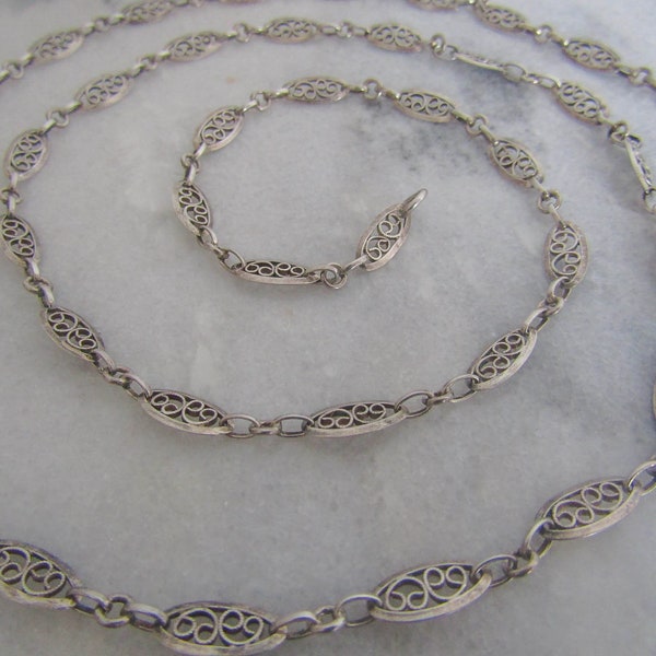Antique French Silver Filigree Heart Chain, Half Guard Long Sautoir Necklace