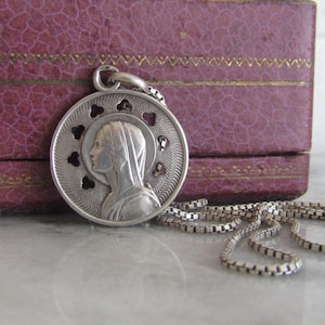 Antique Silver Art Nouveau French Virgin Mary Medal, French Religious Medal