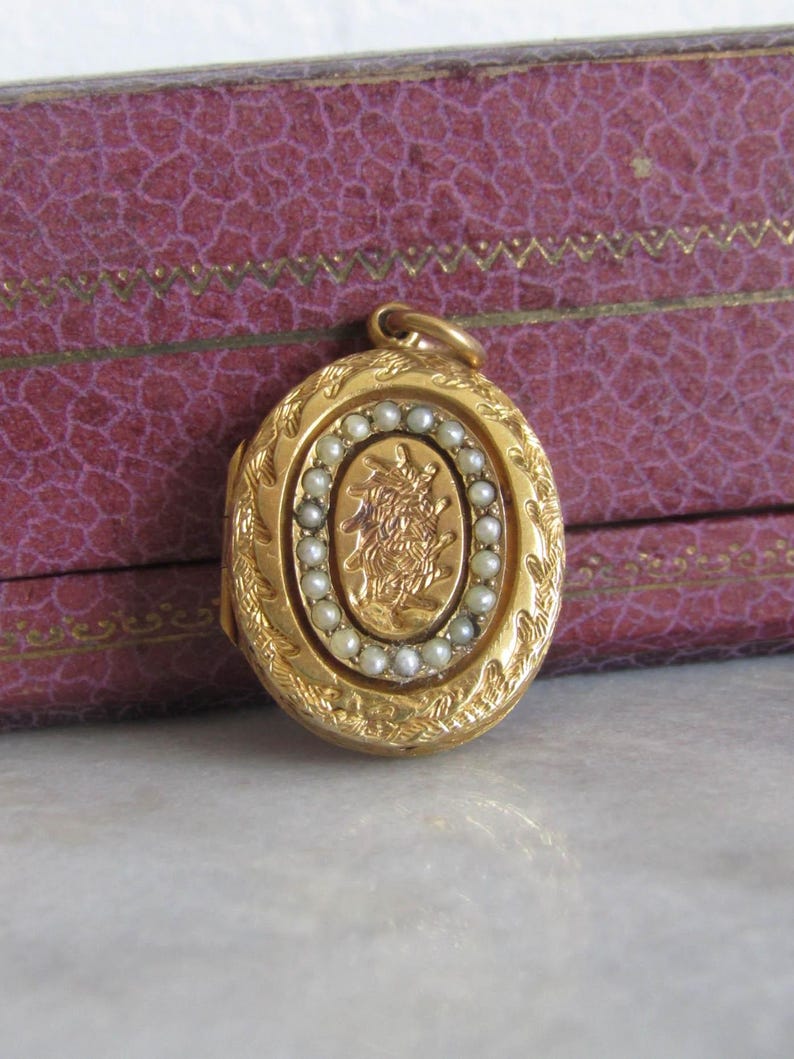 Op de afbeelding: Een goudkleurige ovale locket met een sierlijk ontwerp. De locket heeft een centrale ovaal met een bloemmotief, omringd door kleine parels. De buitenrand van de locket heeft een gedetailleerd, getextureerd patroon. De locket staat tegen een paarse achtergrond.