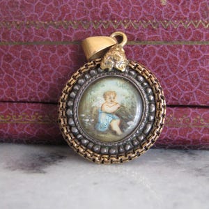 18K Gold and Silver Painted Cherub Pendant