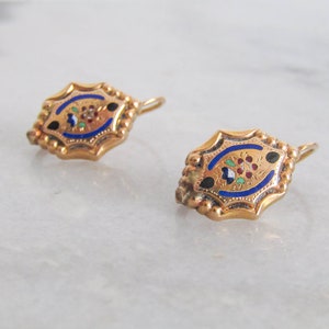 Antique 18K Solid Gold Victorian Enamel Sleeper Earrings, Vintage French Victorian Drop Earrings