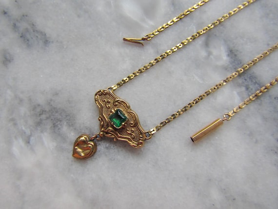 Antique 18K Solid Gold French Regional Pendant Necklace with Imitation Emerald
