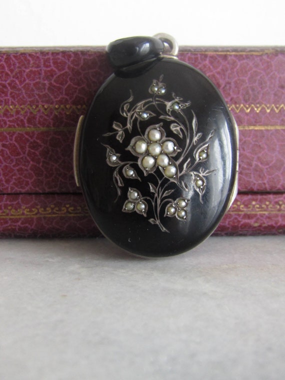 Antique Silver Forget me Not Black Enamel Mournin… - image 1