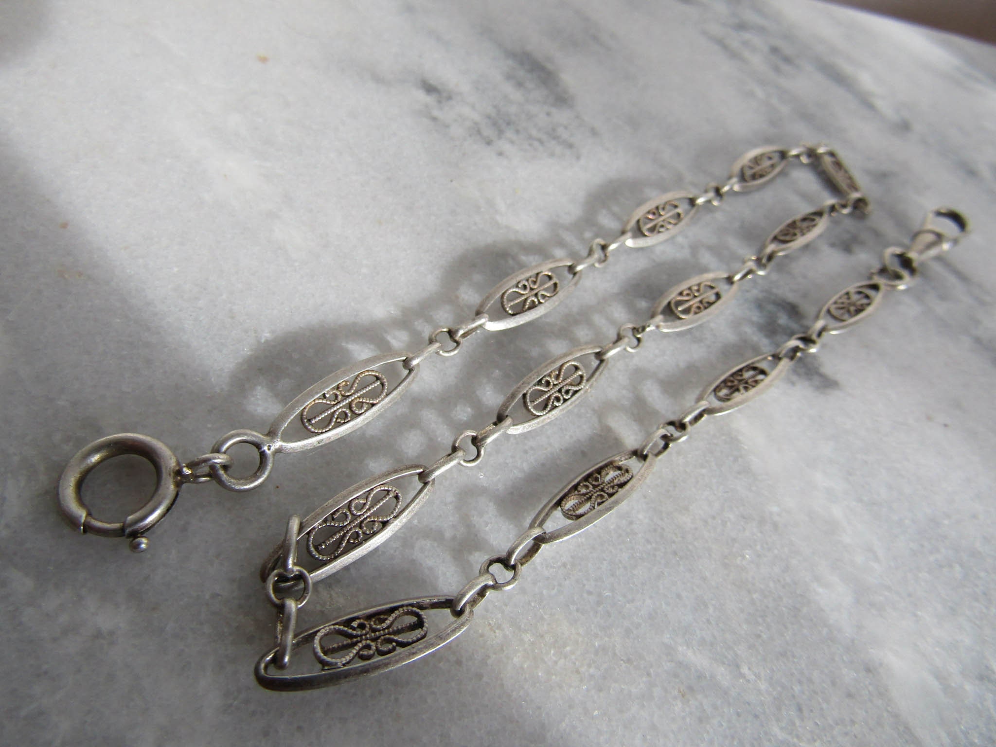 1920s Art Deco French Watch Chain silver double Bracelet with dog clip -  Ruby Lane