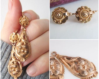 Victorian 18K Gold Day & Night Drop Earrings, 3 in 1 French Earrings circa 1860, Something Old, Bridal Earrings