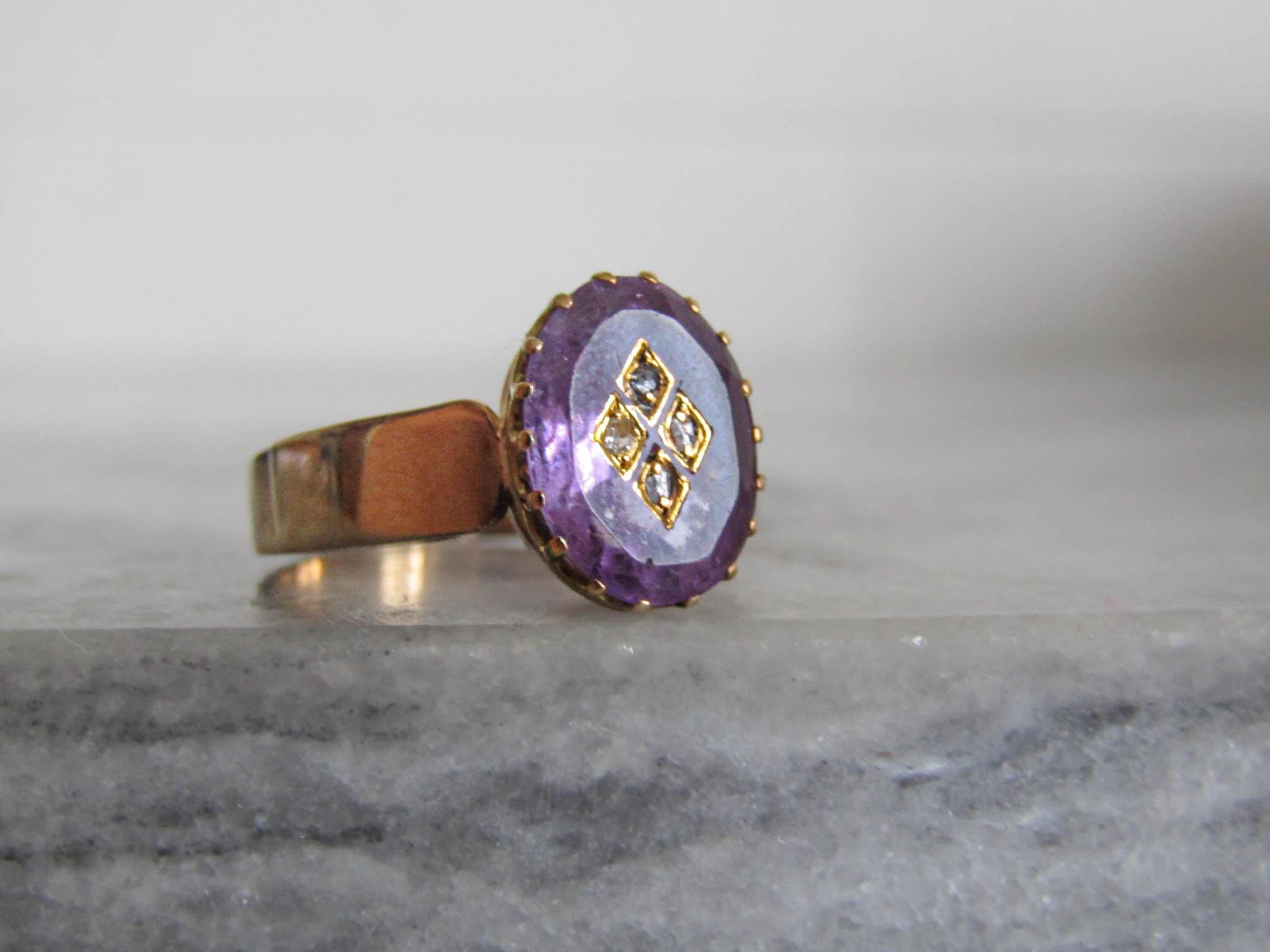 Antique Rose of Sharon 18K Gold, Amethyst, and Diamond Ring