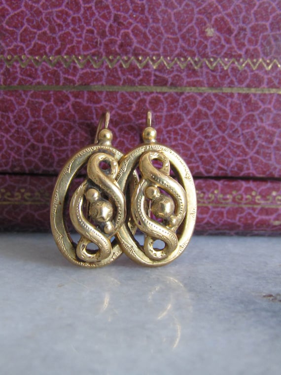 Antique 18k Solid Gold Victorian Infinity Loop Ea… - image 1