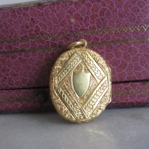 Op de afbeelding: Een goudkleurige ovale locket met ingewikkelde reli&euml;fdetails. De locket heeft een centraal schildontwerp en een ruitvormig patroon met een gevlochten rand. Het is opgehangen aan een kleine lus en lijkt vintage te zijn.