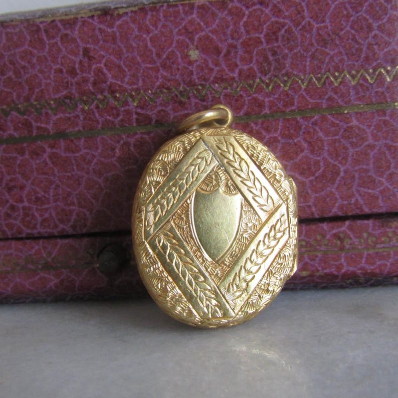 Op de afbeelding: Een goudkleurige ovale locket met ingewikkelde reli&euml;fdetails. De locket heeft een centraal schildontwerp en een ruitvormig patroon met een gevlochten rand. Het is opgehangen aan een kleine lus en lijkt vintage te zijn.