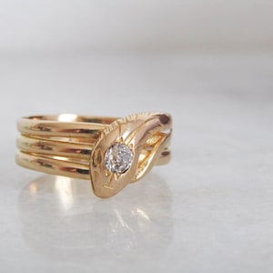 Antique 18k Solid Gold Diamond Snake Ring, French Belle Epoque Old European Cut Diamond Romantic Snake Jewelry