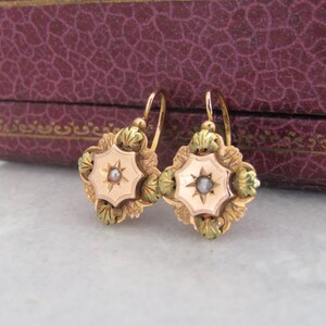 Antique 18k Gold Dormeuse Earrings with Pearl Center