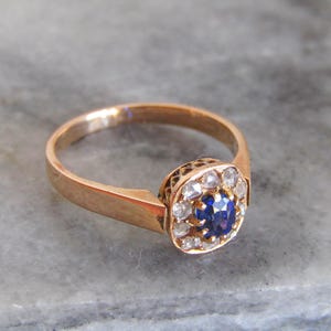 Antique Sapphire Paste and Diamond 14K Solid Gold Margeurite Daisy Pompadour Ring, Victorian Belle Epoque Engagement Ring