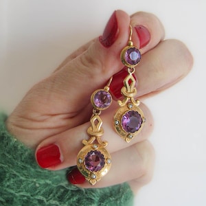 Antique Napoleon III French Amethyst Paste Etruscan Revival Earrings c. 1880