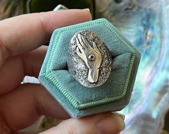 Hand Ring with Rhodolite Garnet - size 8