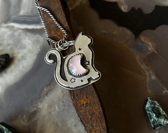 Celestial Cat Necklace with Chalcedony Moon