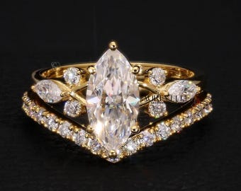 2 CT Marquise Lab Zuchtdiamant Verlobungsring Set Einzigartige Rosegold Ring Diamantring Blattband Braut Set Versprechensring Jubiläumsring