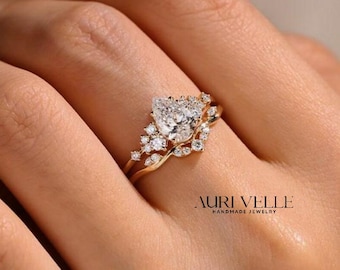 Pear Moissanite Engagement Ring Set: Teardrop Solitaire Ring With Round Accents, Bridal Set, Wedding Jewelry, Cluster Ring