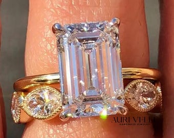 3CT Emerald Cut Lab Grown Engagement Ring Set In 14K Yellow Gold, Marquise Pave Wedding Band, Modern Bridal Set, Anniversary Ring Set
