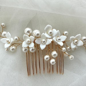 Gold Bridal Hair Comb,Ceramic flowers Hair comb,pearl hair pin,Anniversary Gifts,Wedding hair comb,Premium Hair Comb