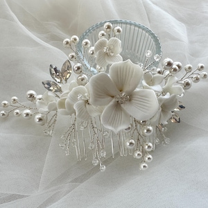 Ceramic White Flower Hair Comb,Peal Hair Comb,Metal Braided Hair Comb,Elegant Bridal Hair Comb,Wedding Accessories,Vintage Flower Comb