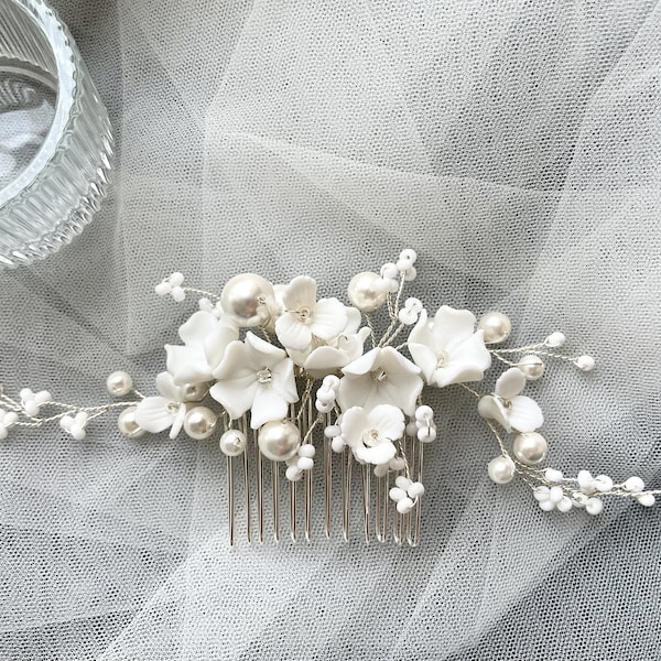 Peine de pelo nupcial de flor de cerámica delicada, accesorios de boda, peine de pelo de estilo vintage, peine de pelo de perla, diadema boho, tocado de plata