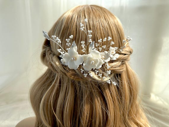 Elegant White Floral Bridal Hair Comb and Pins - Gold Accents 61fedodWb9L._AC_UF350,  main image 3