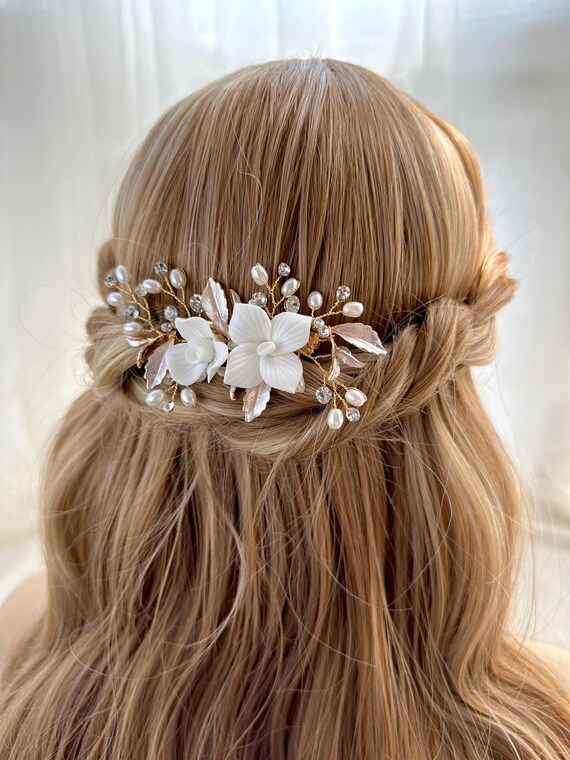 NEW Ceramic Floral comb Bridal gold headpiece White Gardenia and Oak Leaf Branches Bridal Hair Comb. Gold  main image 4