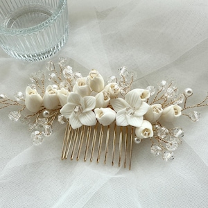 Bridal Ceramic Flowers Hair Comb,Crystal Wedding Hair Comb,Handmade Braided Hair Comb,Premium Hair Comb,Bridesmaid Headpiece,Gift For Her