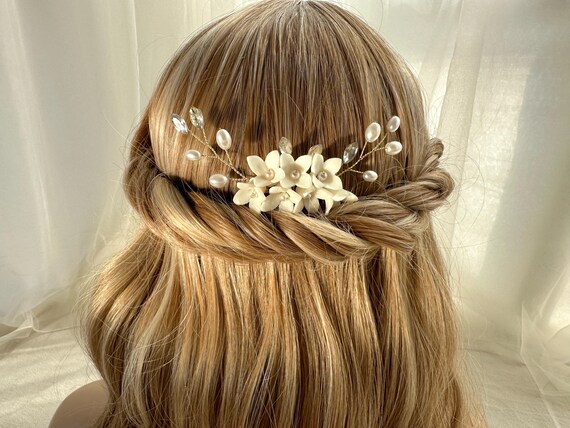 Gold Braided Hair Comb,bridal Ceramic Flower Hair Comb  display picture 1