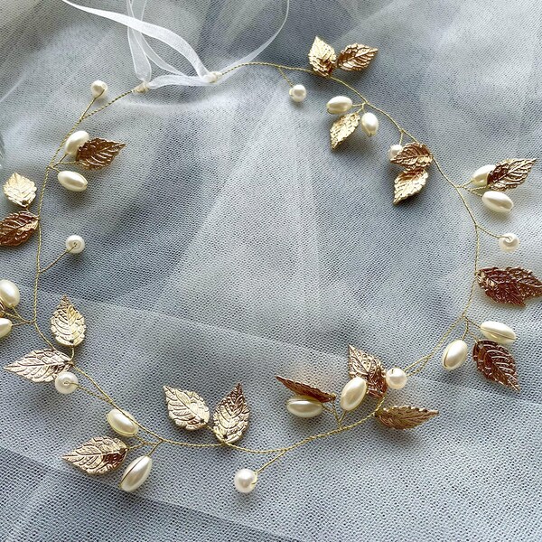 Vintage Bridal Pearl headband,Wedding Accessory,Leaf vine hairband,Bridesmaid headband,Party headpiece,Metal Braided Headpiece,Gift for her