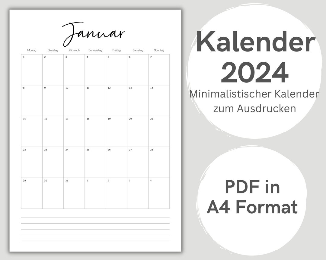 Druckbarer Kalender 2024 Monatsplaner 2024 A4 Format Minimalistischer