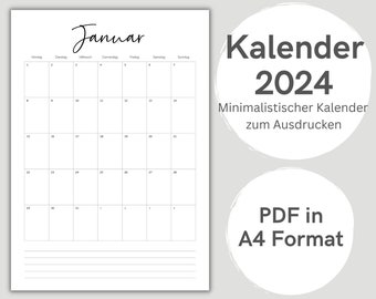 Druckbarer Kalender 2024 | Monatsplaner 2024 | A4 Format | Minimalistischer Jahresplaner zum Ausdrucken | Download | Digitale PDF Datei