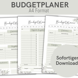 May include: Three printable budget planner pages with a floral design. The pages are labeled "Budgetplaner" and include sections for income, expenses, and daily spending. The pages are in A4 format.