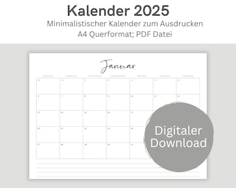 Printable Calendar 2025 | Monthly Planner 2025 | A4 Format | Minimalist Annual Planner to Print | Landscape Format | Download