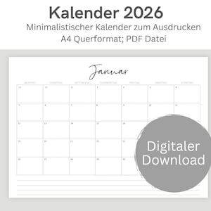 Könnte beinhalten: Ein minimalistischer Kalender 2026 im A4-Format zum Ausdrucken. Der Kalender zeigt ein einfaches Layout mit dem Monat Januar. Der Text "Digitaler Download" befindet sich in einem grauen Kreis.