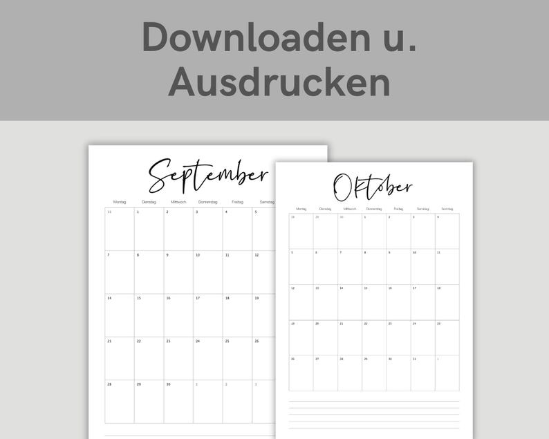 May include: Two printable calendar pages, one for September and one for October, with a minimalist design. The calendars are in black and white, with the month names in a handwritten font. The top of the image has the text "Downloaden u. Ausdrucken".
