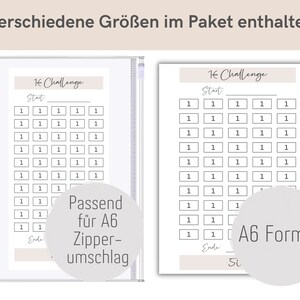 May include: Two printable 14 challenge sheets in a clear plastic zippered pouch. The sheets are designed for A6 format and have a grid of squares with the number 1 in each square. The text "14 Challenge" and "Start" and "Ende" are printed on the sheets. The pouch is labeled "Passend f&uuml;r A6 Zipper-umschlag".