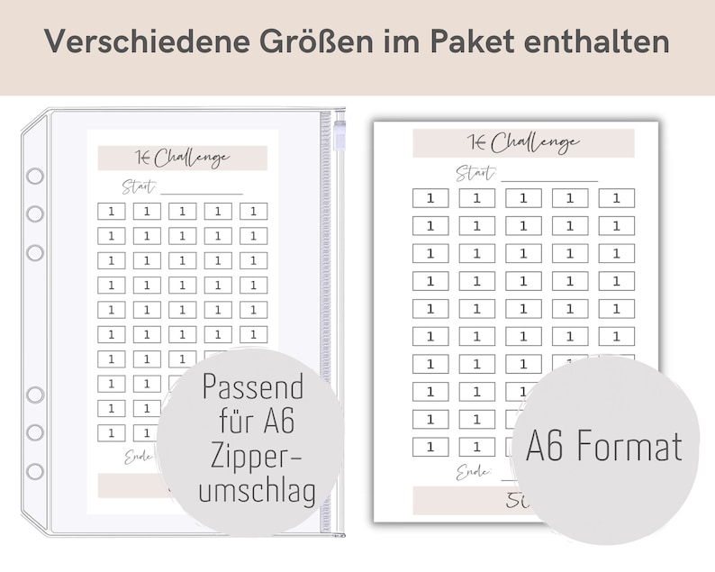 May include: Two printable 14 challenge sheets in a clear plastic zippered pouch. The sheets are designed for A6 format and have a grid of squares with the number 1 in each square. The text "14 Challenge" and "Start" and "Ende" are printed on the sheets. The pouch is labeled "Passend f&uuml;r A6 Zipper-umschlag".