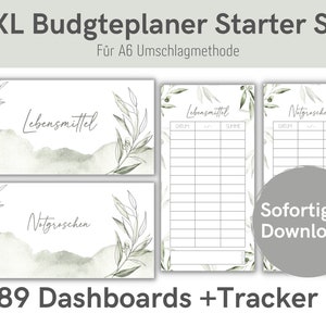 Puede incluir: Un conjunto de 89 tableros de planificación presupuestaria y rastreadores imprimibles en un estilo acuarela verde y blanco. El texto "XXL Budgteplaner Starter Set" está en la parte superior de la imagen. El texto "Für A6 Umschlagmethode" está debajo del título. Los textos "Lebensmittel" y "Notgroschen" están en dos de los tableros. El texto "Sofortiger Download" está en un círculo gris.