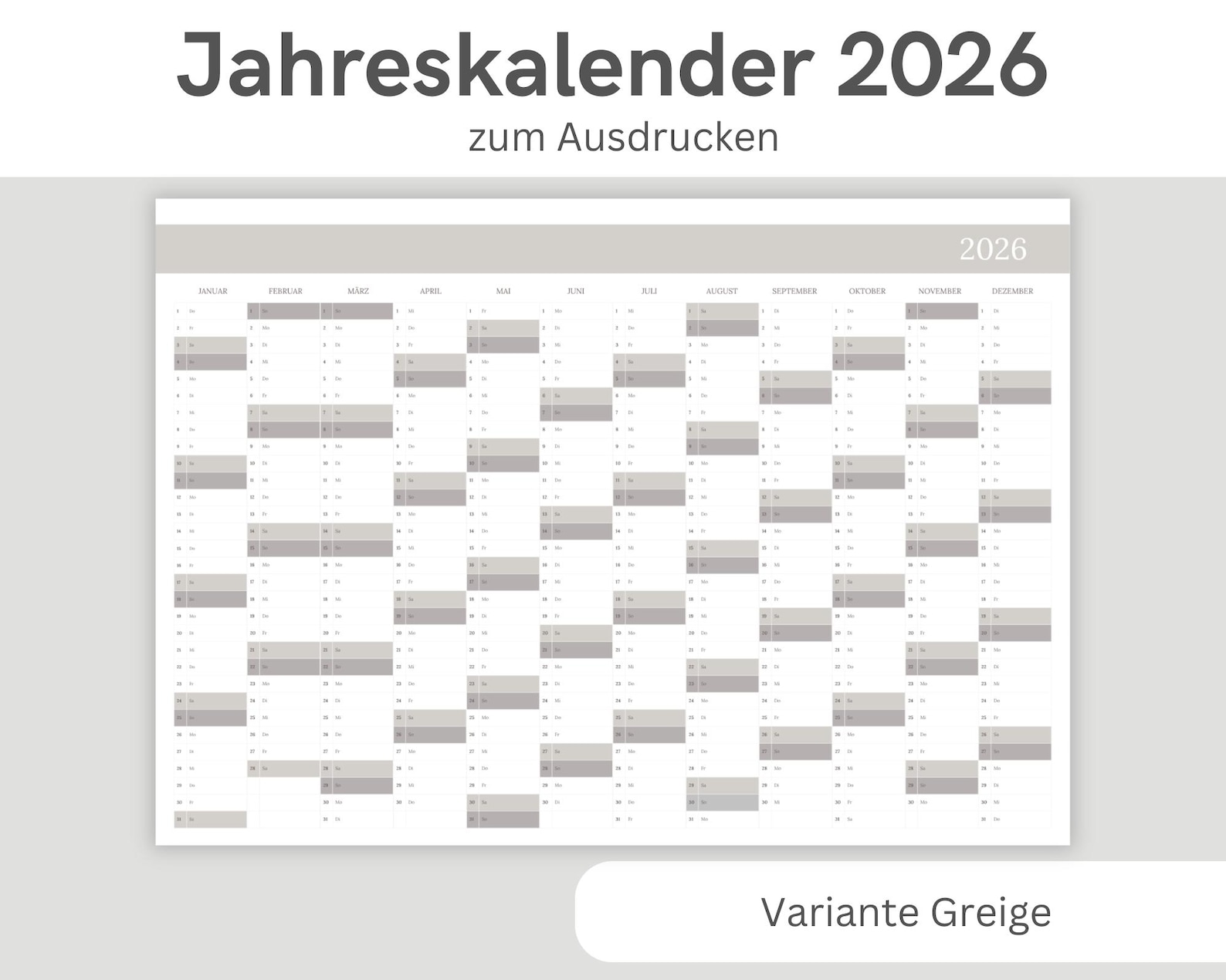 2026 Jahreskalender zum Ausdrucken | Jahresübersicht 2026