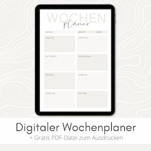 Könnte beinhalten: Eine digitale Wochenplaner-Vorlage mit dem Text "WOCHEN PLANER" oben. Der Planer ist in sieben Wochentage unterteilt, mit Platz für Notizen. Der Text "Digitaler Wochenplaner + Gratis PDF-Datei zum Ausdrucken" befindet sich unten.