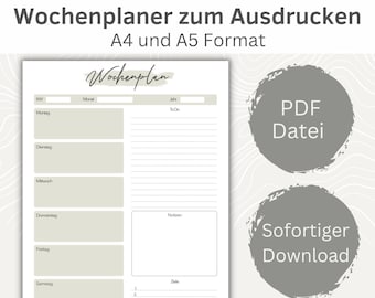 Puede incluir: Una plantilla de planificador semanal imprimible en formato A4 y A5. La plantilla tiene un diseño sencillo con fondo gris y texto blanco. El texto incluye "Wochenplaner zum Ausdrucken", "A4 und A5 Format", "Wochenplan", "KW", "Monat", "Montag", "Dienstag", "Mittwoch", "Donnerstag", "Freitag", "Samstag", "Jahr", "To Do", "Notizen", "Zeile", "PDF Datei", and "Sofortiger Download".