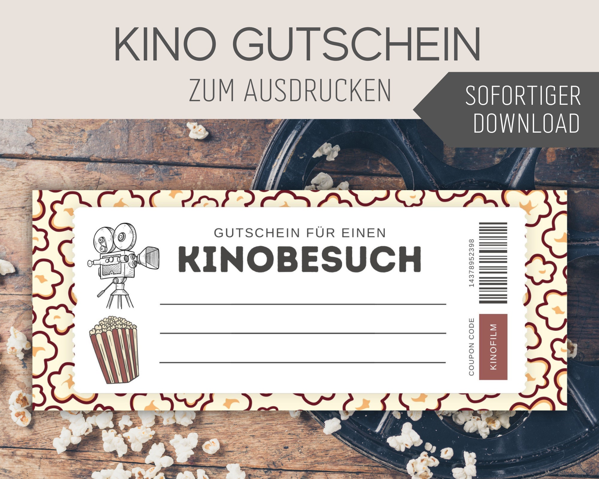 Kino Gutschein Popcorn Design| Vorlage editierbar | Ausdrucken |  Gutscheinvorlage zum ausdrucken | Geschenkidee | Download - Etsy.de