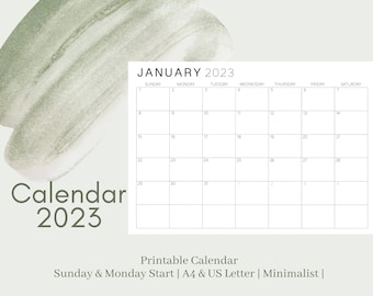 Afdrukbare kalender 2023 | Zondag & Maandag Start | A4 en US Letter | Minimalistisch | Downloaden | Digitaal PDF-bestand