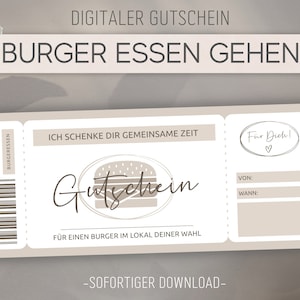 Vale de comida de hamburguesa | Plantilla editable | Imprimir | Plantilla de voucher para imprimir | Idea de regalo | Personalizable | Descargar