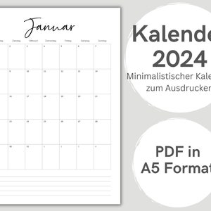 Druckbarer Kalender 2024 Monatsplaner 2024 A5 Format Minimalistischer Jahresplaner zum Ausdrucken Download Digitale PDF Datei Bild 1