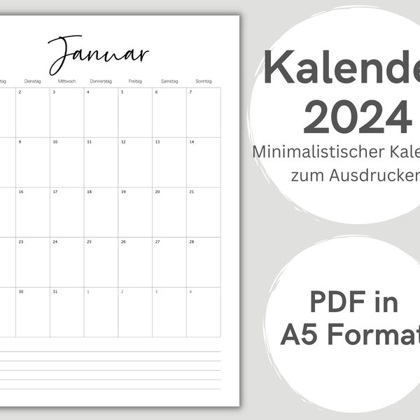 Druckbarer Kalender 2024 | Monatsplaner 2024 | A5 Format | Minimalistischer Jahresplaner zum Ausdrucken | Download | Digitale PDF Datei